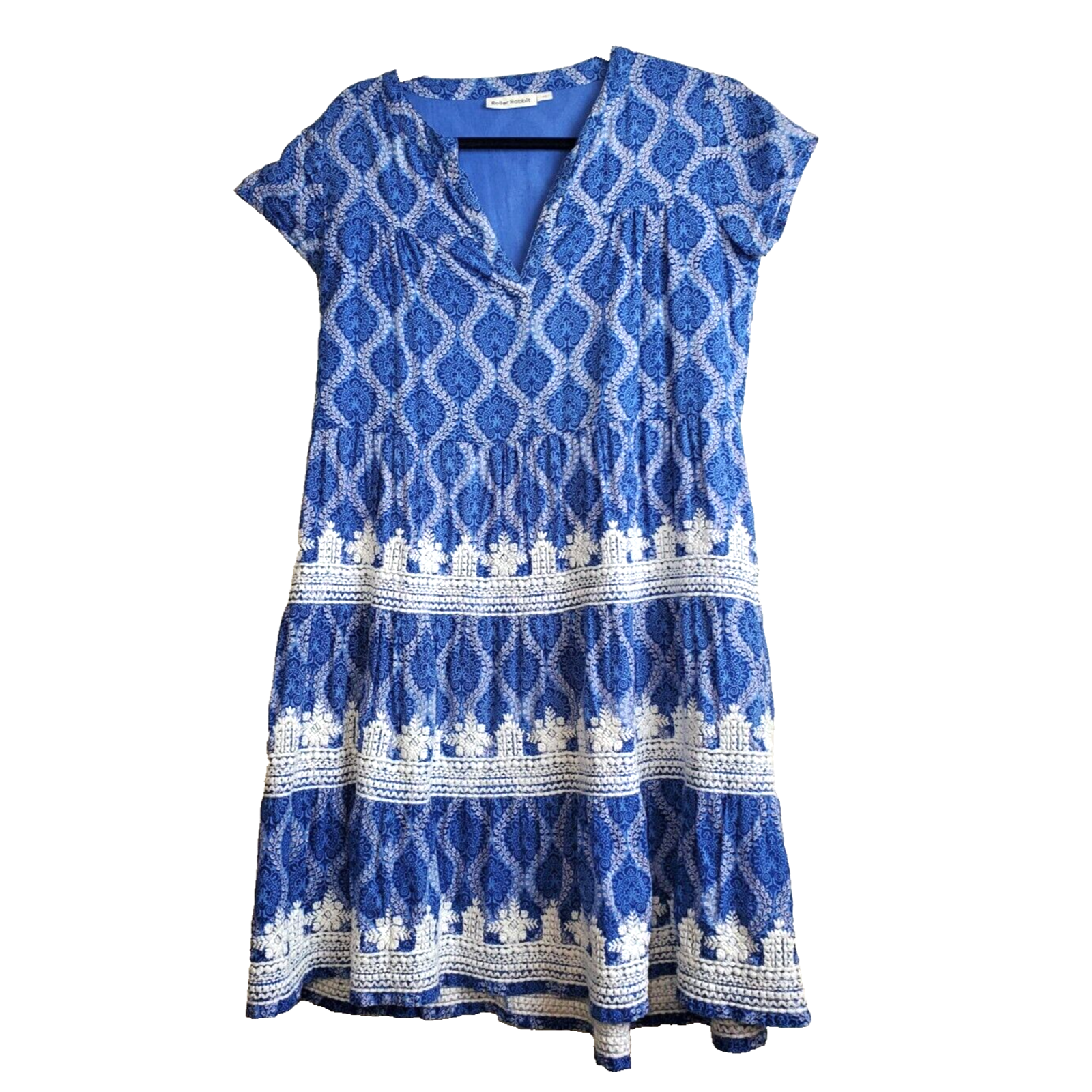 Roller Rabbit Womens Dress Xs Embroidered Boho Blue Babydoll Tiered Printed